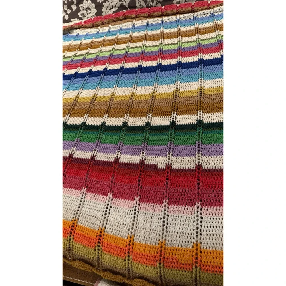 Vintage Large Rainbow Stripe Crochet Afghan Blanket‎ Handmade Throw 100x74